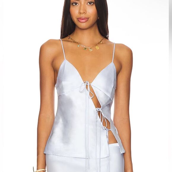 Lioness Mariah Cami Pale Blue satin Metallic Silver Tie-Detail Top Revolve S - Picture 1 of 11